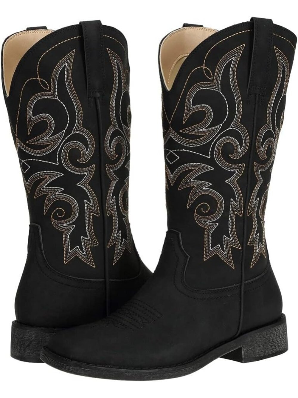 Women’s Western Cowgirl Mid Calf Square Toe Black Embroidery Riding Boots